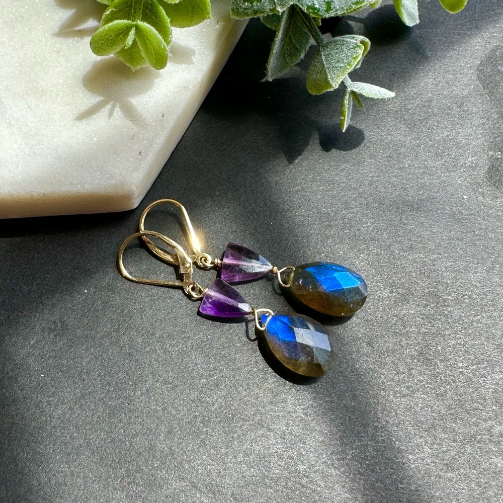 Labradorite and Amethyst Earrings lever back 14k Gold Filled